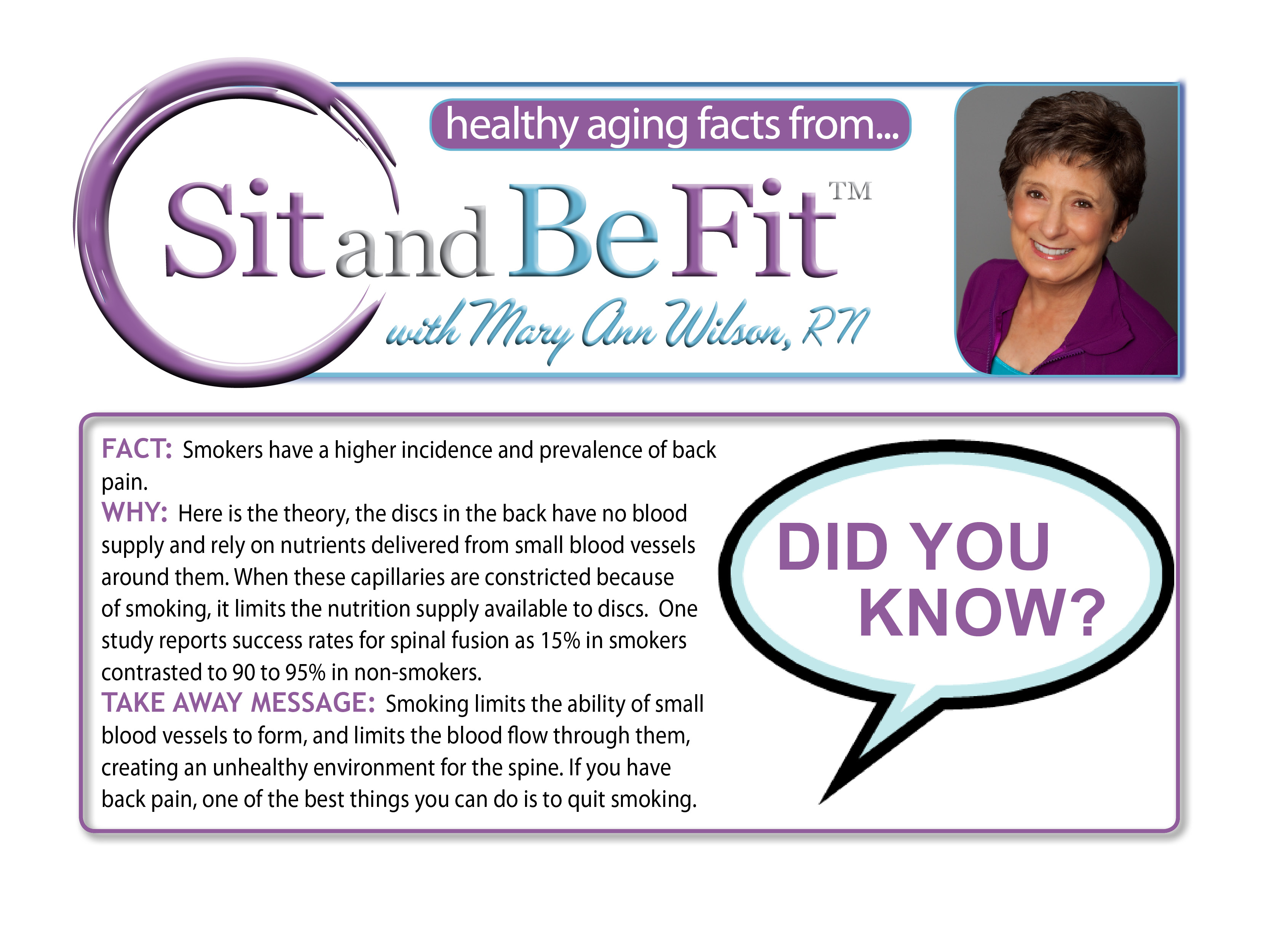 Sit and Be Fit host, Mary Ann Wilson, RN, shares important information about smoking and back pain.