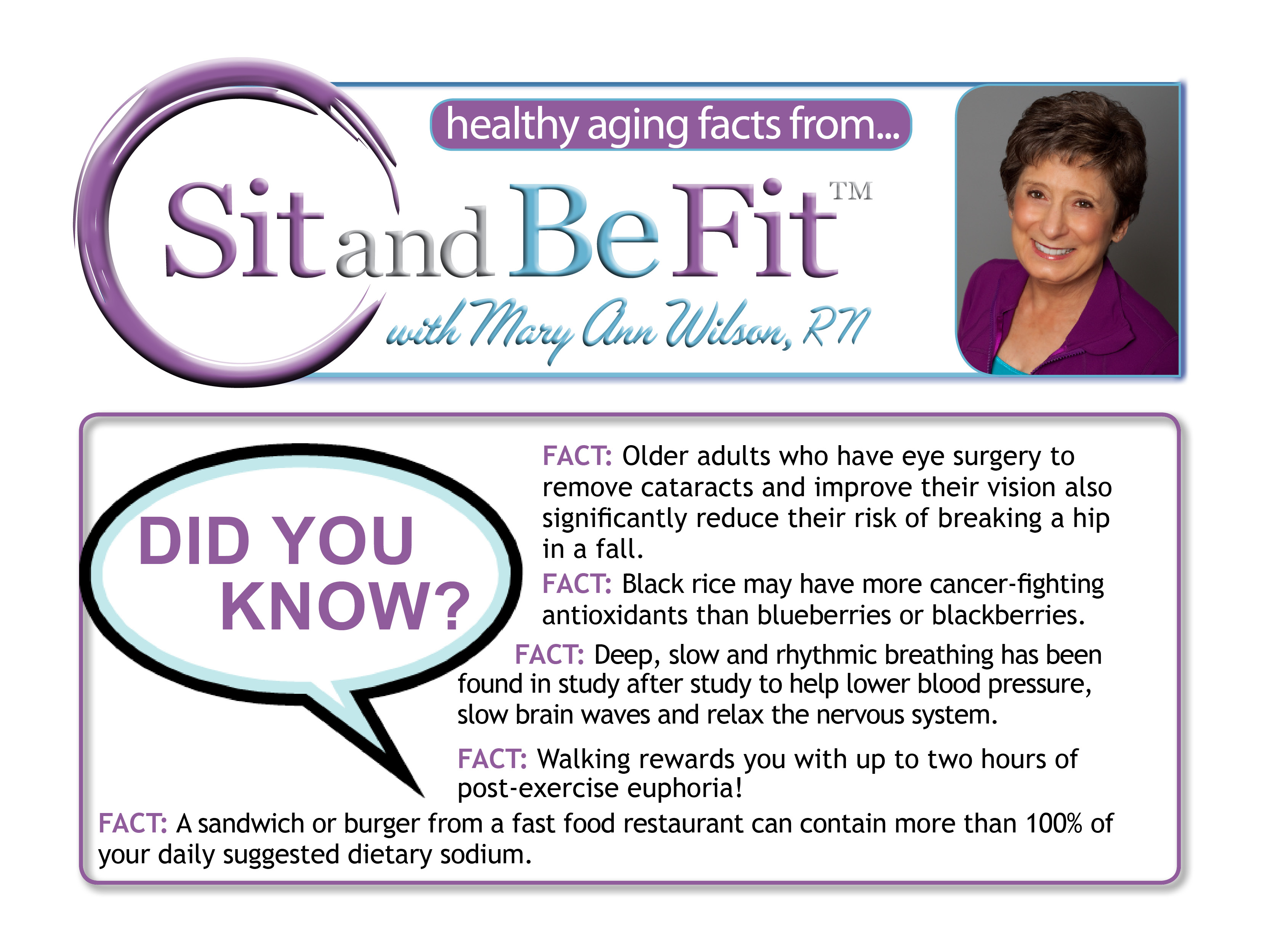 Sit and Be Fit TV host, Mary Ann Wilson, RN, shares healthy aging facts.