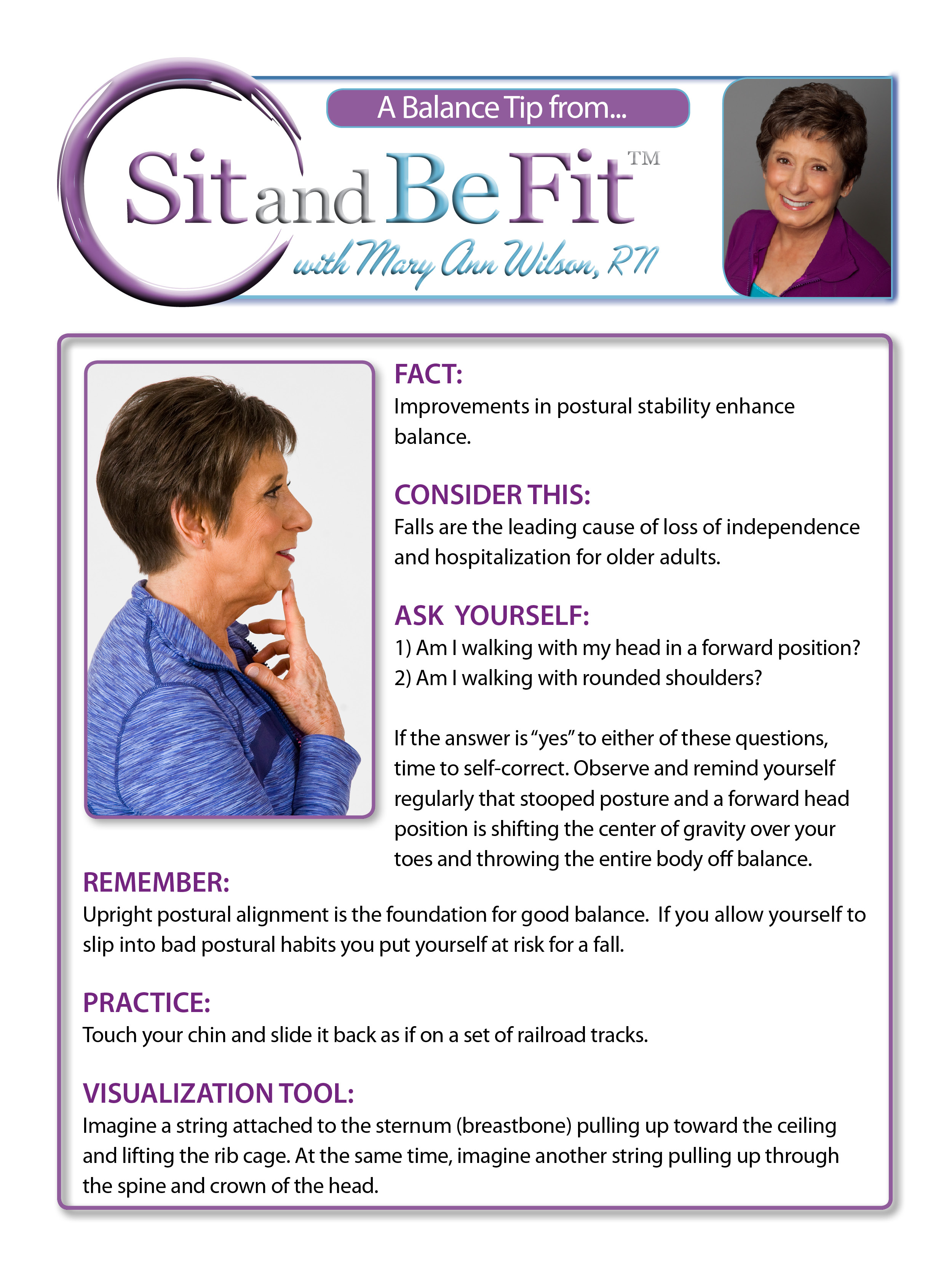 Sit and Be Fit TV Host, Mary Ann Wilson RN, shares a balance tip.